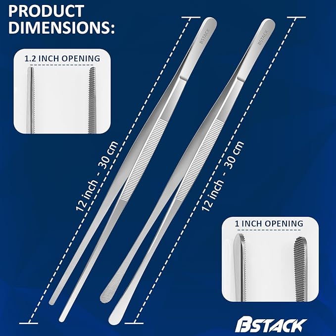 Brand Stack Kitchen Tweezers 14” Japanese Stainless-Steel Cooking Tong Tweezers Set of 2 with Precision Serrated Tip Premium Long Tweezers for Kitchen Serving Food Chef & Pasta Cooking tweezers.