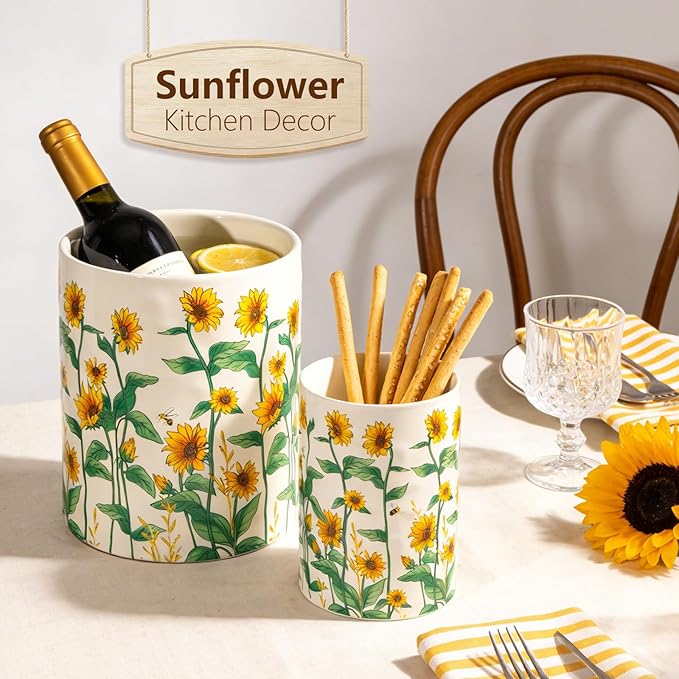 Sunflower Utensil Holder, 7.1"+5.4" Ceramic Utensil Holder for Kitchen Counter, Cooking Utensil Crocks for Countertop, Utensil Storage Container Organizer for Spoon, Sunflower Farmhouse Kitchen Decor