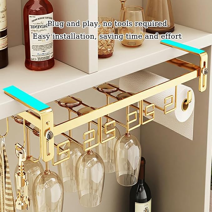Wine Glass Rack Under Cabinet, Nail Free Wine Glass Holder Under Liquor Shelf, Hanging Adjustable Stemware Storage Drying Hanger Organizer for Kitchen Cabinet Bar(24CM/9.4in), Gold