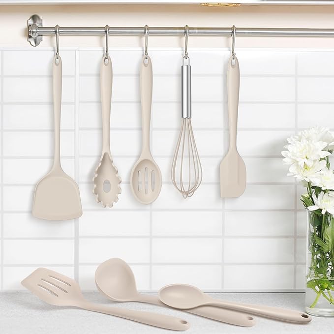 TeamFar 8 PCS Silicone Cooking Utensils - 446°F Heat Resistant Kitchen Silicon Utensils Set, Turner, Spatula, Spoon, Whisk, Kitchen Cooking Gadgets Tools for Nonstick Cookware, Dishwasher Safe-Khaki