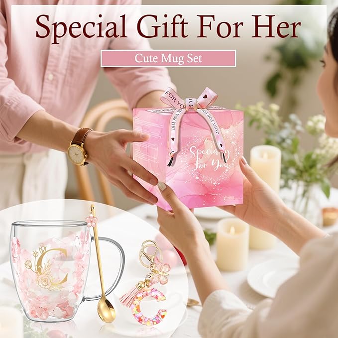 Personalized Gifts for Women Flower Double Wall Glass Coffee Mug Initial Tea cup Monogrammed Customized Bridesmaid Bride Wedding Gift Graduation Gifts Valentine Mother's Day Birthday Christmas Gift(C)