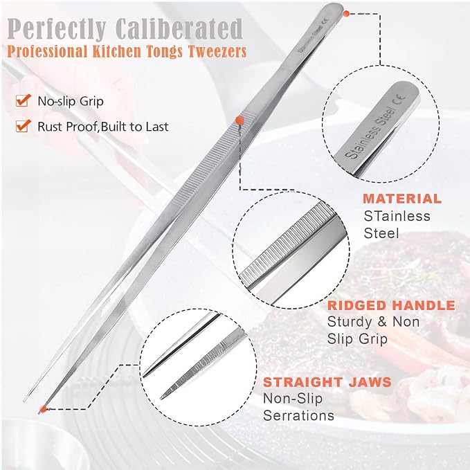 Professional Culinary Stainless Steel Precision Tongs with Serrated Tips, Plating/Food Presentation Detailing Serving Tongs, Chef's Kitchen Tweezer Tongs - Ultra Non-Slip Grip (12" 4 PCS)
