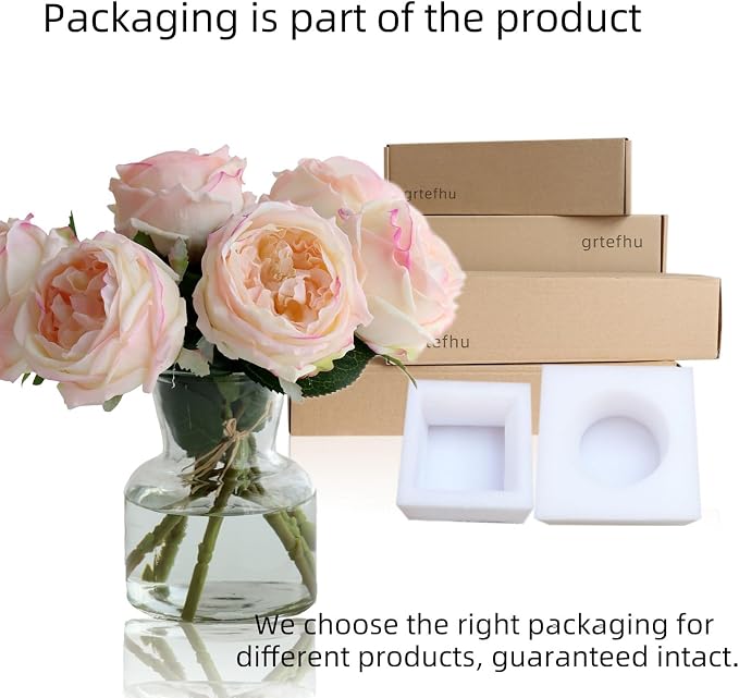 6Pcs Fake Austin Rose Peonies Flowers with Vase, Clear Glass Vase with Pink Real Touch Peonies Artificial Flowers Home Decor(Pink)