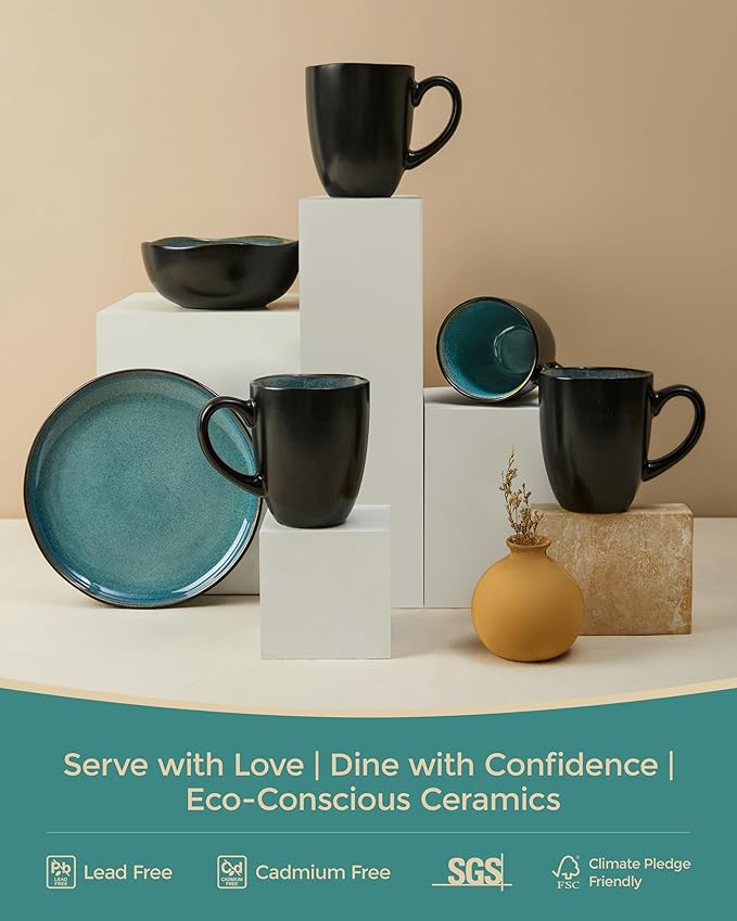 Pokini Coffee Mug 15 oz, Ceramic Coffee Mugs Set of 4, Reactive Glaze Mug for Latte/Tea/Cappuccino/Milk, Irregular Large Mug Set for Men, Women, Dad, Mom, Dishwasher & Microwave Safe, Green Black
