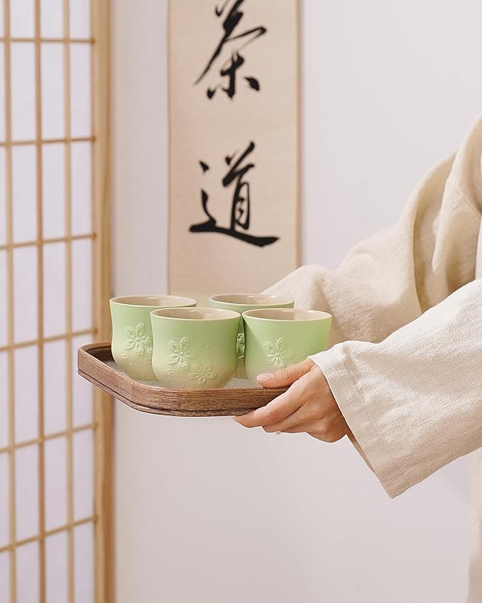 ZENS Japanese Tea Cups Set of 4 – 210ml Ceramic Tea Cups, Gradient Green Glaze, Embossed Design – Handleless Matcha & Gongfu Cups, Traditional Asian Style