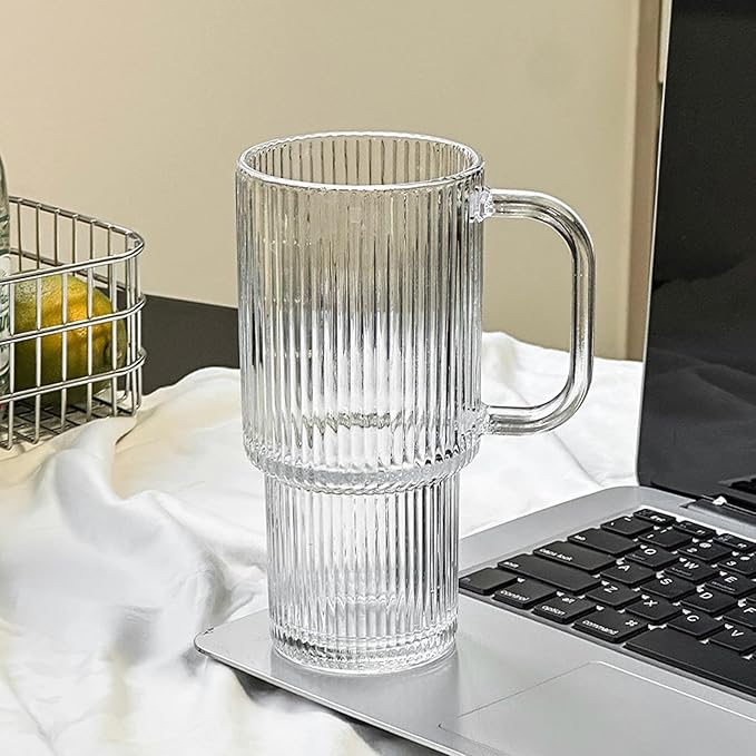 2 Pack Iced Coffee Cup with Lids, 18oz Clear Glass Tumbler with Straw & Lid, Ribbed Glassware Cups, Dishwasher Safe Drinking Glasses, Stylish Glass Cups for Coffee, Juice, Tea, Matcha