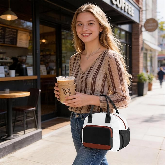 Stylish Color-blocked Lunch Bag for Women, Leakproof Lunch Box for Adult Girls, Large Capacity Reusable Lunch Box for Work Picnic Travel (Black with Off White with Brown)