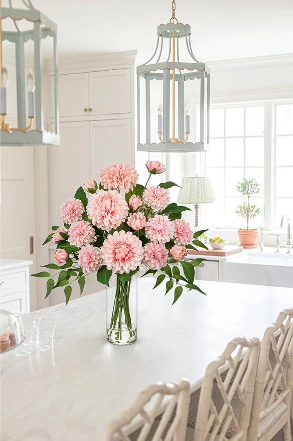 Hollyone Pink Fake Flowers in Vase Dahlia Artificial Flowers in Glass Vase with Faux Water Dahlia Silk Flower Arrangements for Bathroom Office Table Centerpiece Shelf Decorations Home Decor