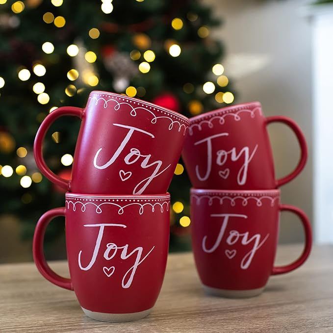 Elanze Designs Joy Raw Clay Bottom Red 16 ounce Ceramic Christmas Coffee Mugs Set of 4