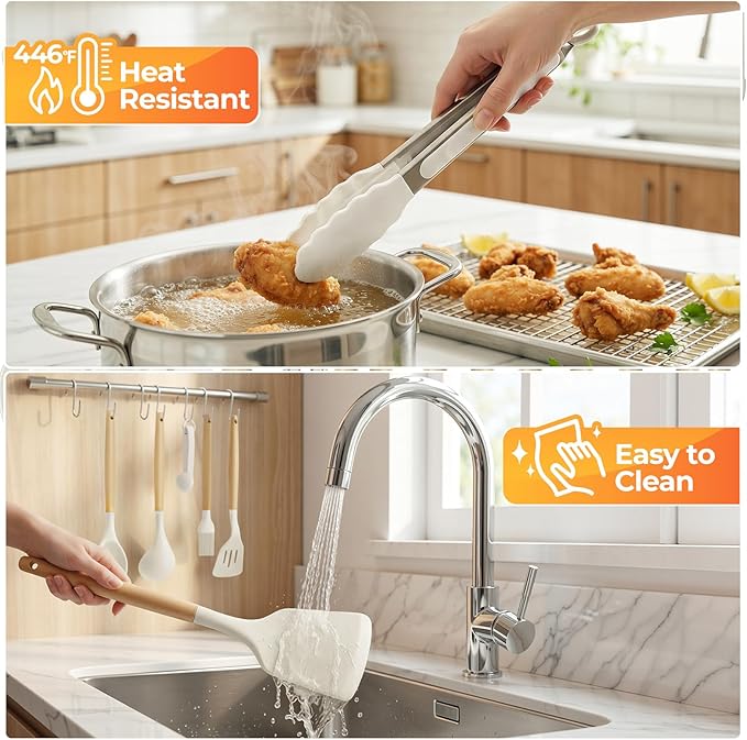 WISELIFE Kitchen Utensils Set - 33 PCS, Heat-Resistant Silicone Cooking Utensils Set with Wooden Handle, BPA-Free Kitchen Gadgets Spatula Sets with Holder for Nonstick Cookware (White)