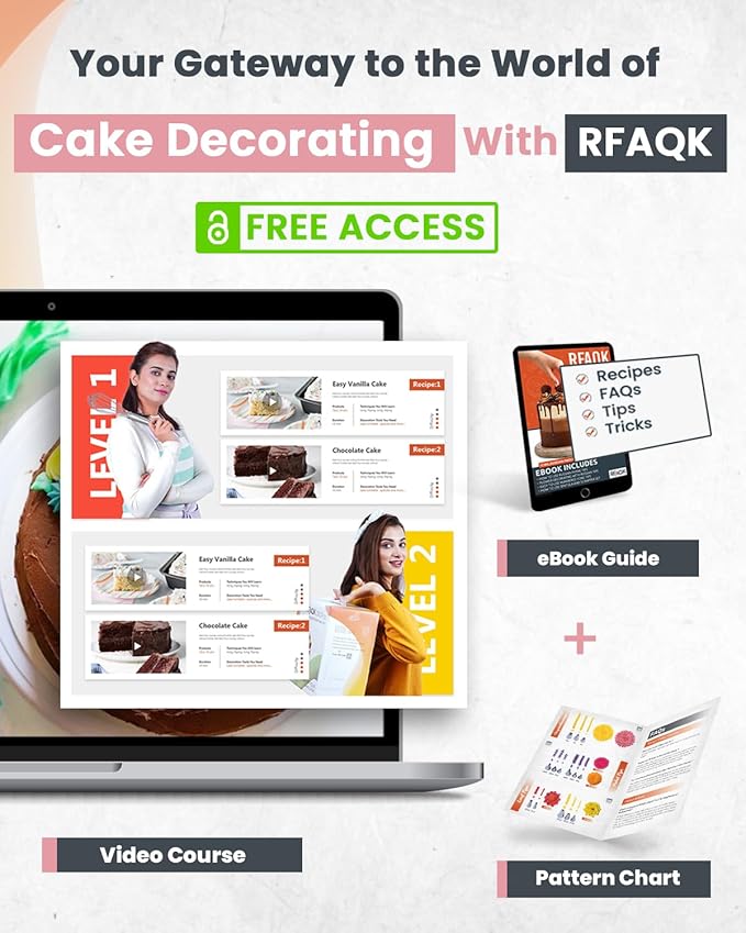 RFAQK 90PCs Cake Decorating Kit with Leveler, Baking Supplies Gift Includes Cake Stand Turntable, 24 Numbered Icing Tips, 55+1 Piping Bags, 2 Frosting Spatulas, 3 Scrappers, Video Course & Booklet