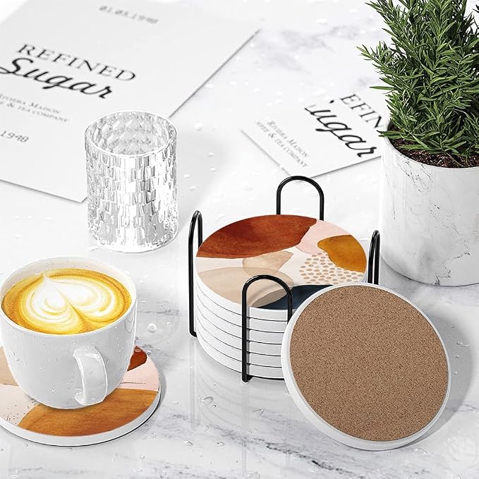 Drink Coasters for Drinks Set of 6, Terracotta Navy Orange and Gold Abstract Modern Art Absorbent Round Ceramic Stone Mat Coaster, with Cork Base and Metal Holder, Home Bar Decor House Warming Gift