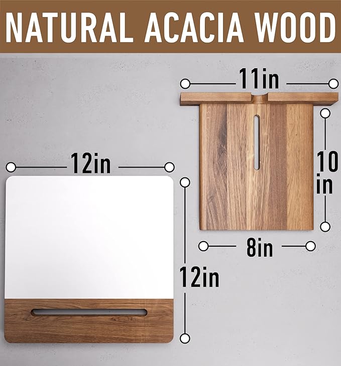 Acacia Cookbook Stand for Kitchen Counter - 12" x 12" Large Adjustable Non-Slip Acacia Wood Book Stand for Cookbooks - Collapsible for Easy Storage - Extra Large Recipe Book Holder for Kitchen Counter