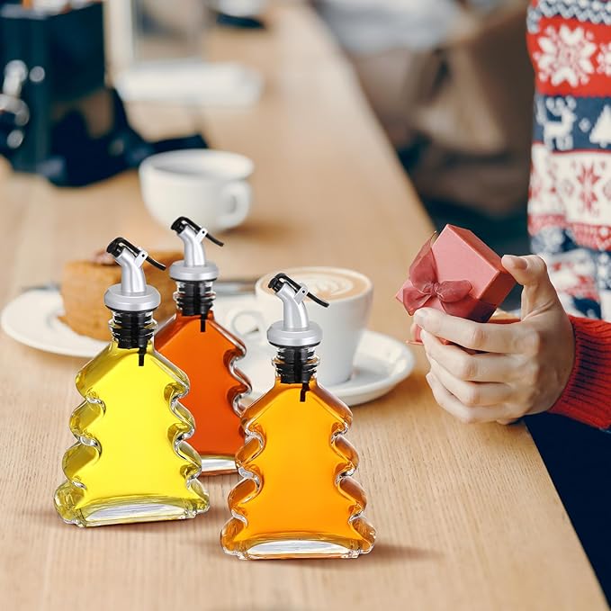 Vesici 3 Pack Christmas Glass Syrup Dispenser 6.8oz Clear Olive Oil Bottles Set with Pourers Funnel and Brush Christmas Tree Syrup Bottles Set Xmas Coffee Bar Decoration Bathroom Kitchen Gifts