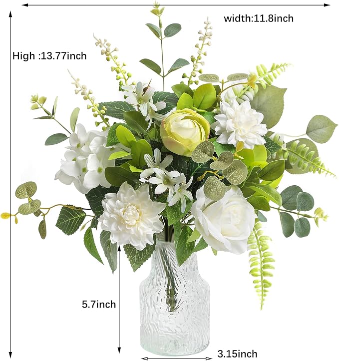 Serra Flora Fake Flowers with Vase,Artificial Silk Roses in Vase,Table Centerpieces for Dining Room, Silk Faux Flower Arrangements for Home, Living Room Bathroom Plant Decor,Table Decorations