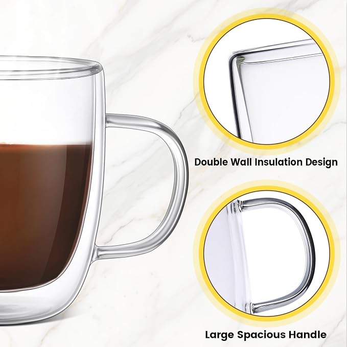 Gerrii Espresso Cups Double Walled Espresso Shot Glass with Handle Cups Insulated Clear Small Shot Glasses for Cappuccino Latte Hot Beverage(5.4 oz,Flat Bottom,12 Pcs)