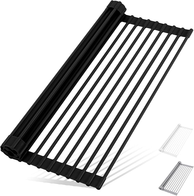 HANZENMA Roll Up Dish Drying Rack Over The Sink Kitchen Roll Up Sink Drying Rack Multipurpose Foldable Sin Drying Mat, Heat-Resistant, Anti-Slip & Anti-Rust Dish Rack for Kitchen, 20.5" x 13", Black