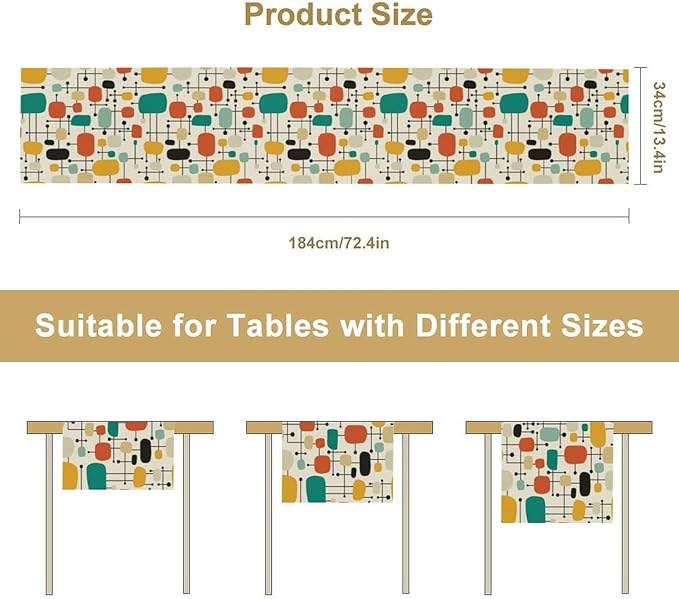 Mid Century Table Runner,Retro 60s Colorful Geometric Atomic Star Abstract Art Table Runner for Home Indoor Outdoor Kitchen Holiday Birthday Party Wedding Decor 13x36 Inch