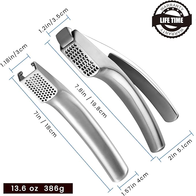 No Peeling Required Garlic Press Stainless Steel with Two Detachable Handles for Coarse & Fine Mincing-Premium Garlic Mincer Tool, Easy to Clean, Dishwasher Safe Garlic Crusher, Lifetime Replacement