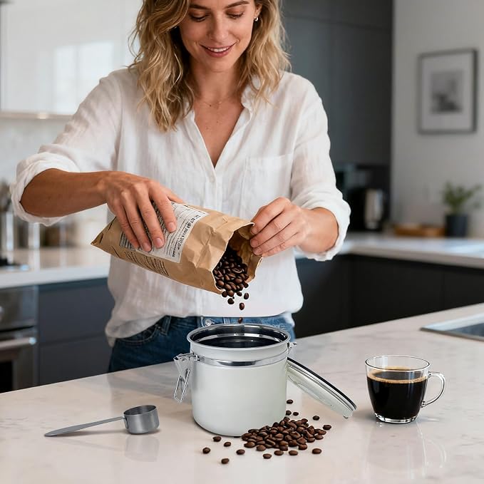 1.2L Airtight Vacuum Coffee Canister, Stainless Steel Storage Container for Coffee Beans and Grounds with Scoop.Suitable for coffee powder, coffee beans, rice, tea leaves, sugar, flour, and grains