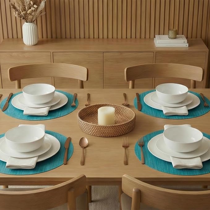 AHHFSMEI Round Placemats Set of 6 Woven Vinyl Non-Slip Heat Resistant Stain Resistant Easy Clean Place mats for Dining Table(Turquoise)