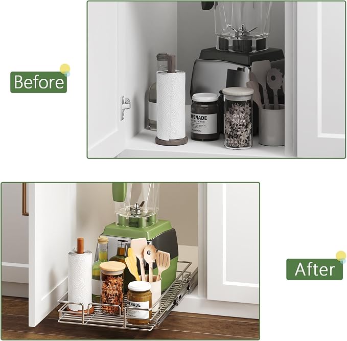 Pull Out Cabinet Organizer 10½" W x 18" D, Heavy Duty Cabinet Pull Out Shelves, Slide Out Drawers Organization for Kitchen Cabinets Bathroom