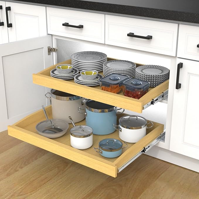 Wooden Pull out Cabinet Organizer 26" W x 21" D x 3.35" H, Heavy Duty Slide Out Drawers Pull-Out Home Organizers for Kitchen Cabinets