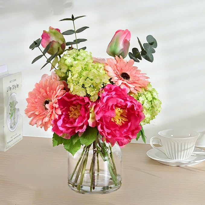 Livole Artificial Fake Flowers with Vase Silk Faux Flowers Arrangements in Glass Vase with Faux Water Centerpiece Table Decorations for Dining Room Home Office Shelf Wedding Decor(Fuchsia Pink)