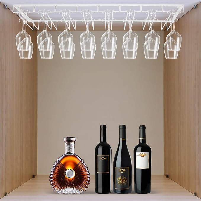 Wine Glass Rack Under Cabinet Max Capacity with 16 Wine Glasses, 8 Row Extreme Large Stemware Hanger, Metal Wine Glass Holder, DIY Bar Glass Storage Rack for Bar Counter, Kitchen(White)