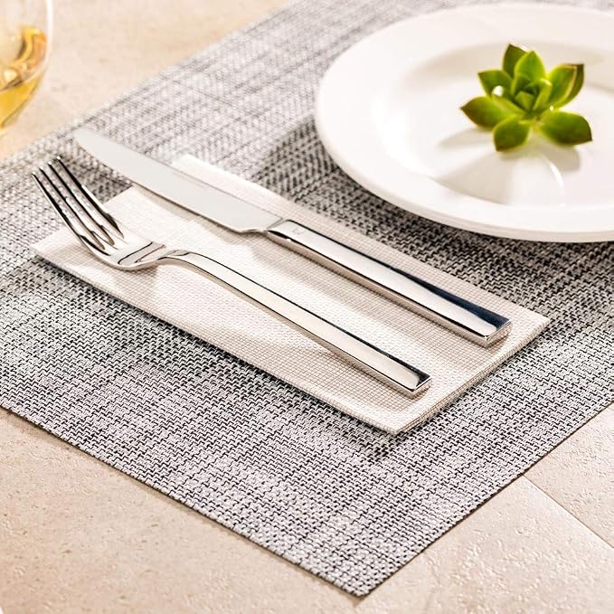 Restaurantware Carmel Mesh 16 x 12 Inch Table Placemats Set Of 6 Woven Washable Placemats - Heat Tolerant No Stain White Vinyl Kitchen Placemats With Black Threads Easy To Clean