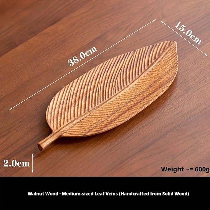Walnut Wood Fruit Tray, Handmade Chinese Style Snack Serving Plate, Solid Wood Tea Dessert Tray for Dim Sum, Vintage Walnut Platter, Gift (Leaf Vein)