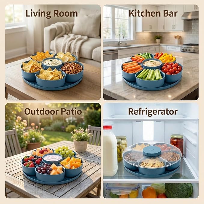 Divided Serving Tray That Spins - Perfect for Snacks, Dips & Party Appetizers, Rotating Snack Box Container with Lid, Lazy Susan Organizer Veggie Fruit Tray for Kitchen,Travel and Picnic (Pink)