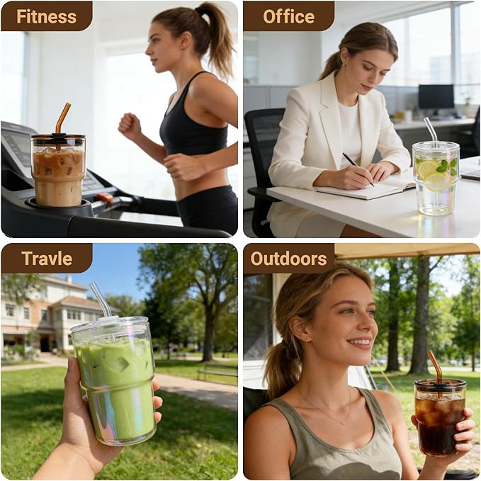 Luxfuel 16 oz Glass Tumbler with Lid & Straw, Reusable Iced Coffee Cup & Smoothie Cup, Leak-Proof Borosilicate Glass for Coffee, Iced Tea, Water – 2 Pack, Ideal for Office, Home & Travel, Amber