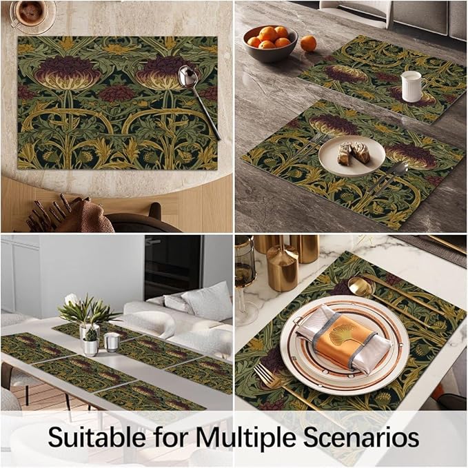 William Morris Placemats Set of 6 Vintage Moody Floral Rustic Botanical Washable Heat Resistant Place Mats for Dining Table Dark Academia Linen Woven Wipeable Kitchen Table Mats Green
