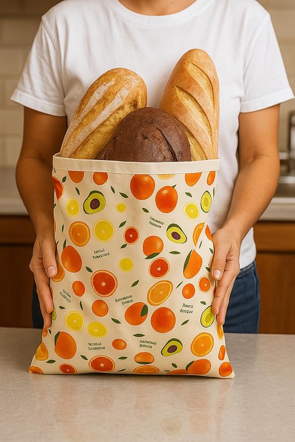 Reusable Bread Bags with Waxed Cotton Lining & Waterproof TPU Options – Linen Exterior with Patterns,Eco-Friendly Food Storage Tote for Homemade Bread, Baguette, Pastries-Zip+Beeswax+Mode2-2Pack