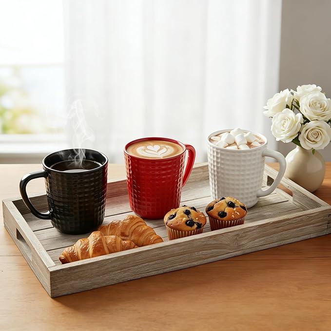Ceramic Coffee Mugs Set of 4, 14oz Black Coffee Cups with Embossed Grid Texture, Coffee Mug for Latte Cappuccino Tea Cocoa, Dishwasher & Microwave Safe, Ideal Mother's Day & Housewarming Gift