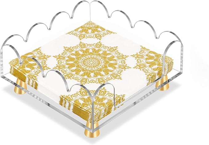Acrylic Napkin Holder with Gold Metal Feet - Elegant Clear Tissue Organizer for Bathroom, Dining Table & Vanity (Square)