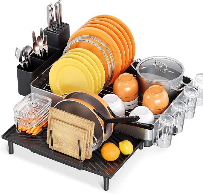 Urackify Large Dish Drying Rack, 304 Stainless Steel Dish Rack for Kitchen Counter, Expandable Dish Drainer with Cutlery Holder, Multifunctional Space Saving Organizer, Black