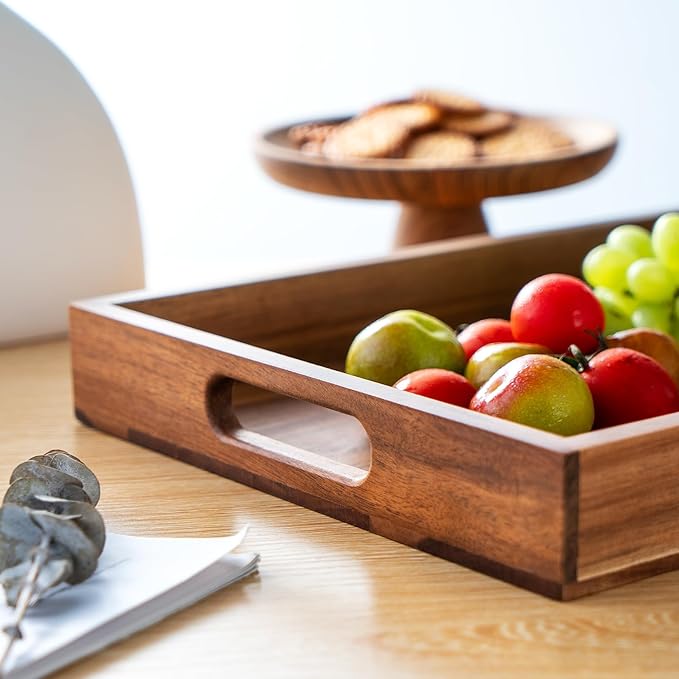 Wood Serving Tray with Handles Set of 2, Decorative Breakfast Tray Platter, Food Drinks Tray for Eating, Working, Storing, Coffee Table Used in Bedroom, Kitchen, Ottoman, Living Room, Bathroom