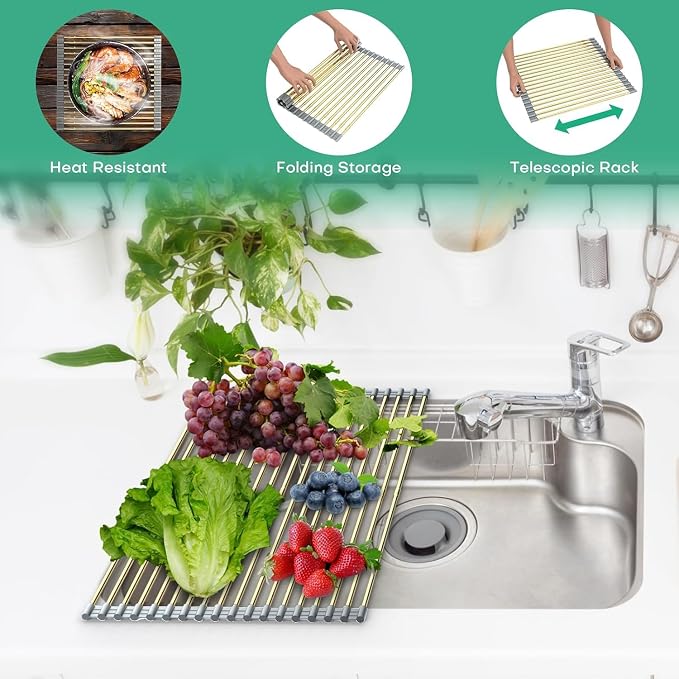 Expandable Large Draining Rack, Roll Up Heat-Resistant Dish Drainer for Stainless Steel Sinks, Collapsible Over The Sink Rack Non-Slip Silicone Rolling Up Rack Gold 18 Tube