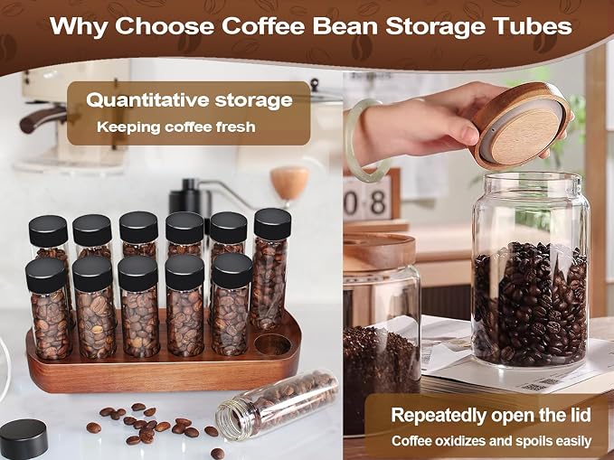 Single Dose Coffee Bean Storage Tubes - 12pcs Coffee Beans Container,Coffee Vials dosing container,glass espresso container with Wood Display Stand and Funnel (Type 1)