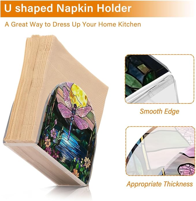 Fustylead Colorful Stained Glass Dragonfly Floral Napkin Holder for Table Acrylic Cocktail Napkin Holders Small Decorative Napkin Dispenser for Home Party Holiday Dining Kitchen Accessories
