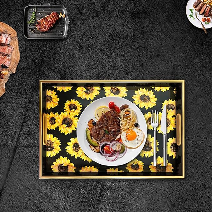 Sunflower Black Decorative Tray Set of 2, Plastic Serving Tray with Handles, Rectangular Coffee Table Tray, Nesting Trays for Living Room, Bathroom, Ottoman