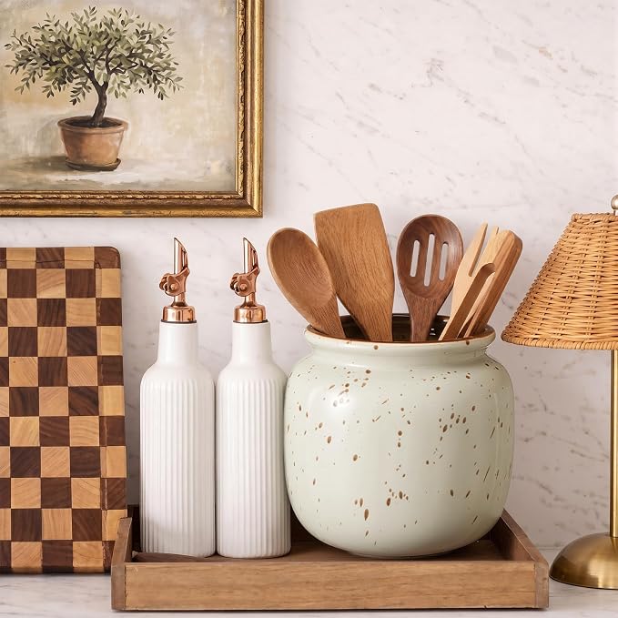 Qinyoung Rustic Kitchen Utensil Holder 6 Inch Small Ceramic Utensil Holder with Handle Vintage Crock Decoration Spatula Organizer for Kitchen Countertop Farmhouse Party Supplies(Natural, No Handle)