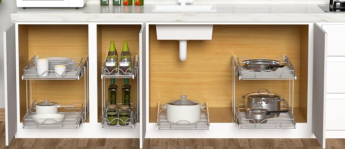 OCG 2 Tier Pull Out Cabinet Organizer (18.5" W x 21" D), Pull Out Drawers for Kitchen Cabinets, Pull Out Shelves for Base Cabinet Organization in Kitchen Bathroom Pantry, Chrome Finish