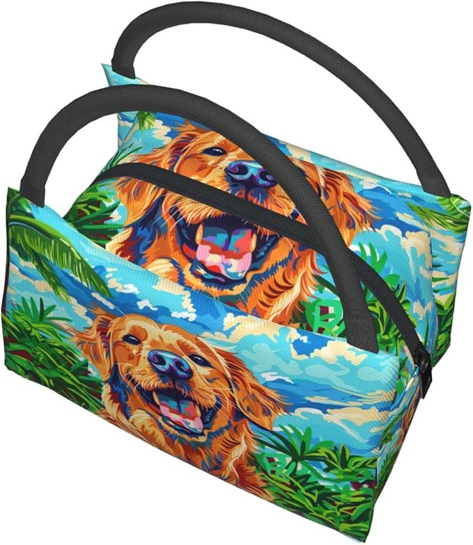 Colorful Golden Retriever Lunch Box for Women Girls Insulated Tropical Leaves Playful Dog Puppy Lunch Bag for Work Picnic Camping Travel Gifts Large Capacity Cooler Thermal Reusable Tote Makeup Bags