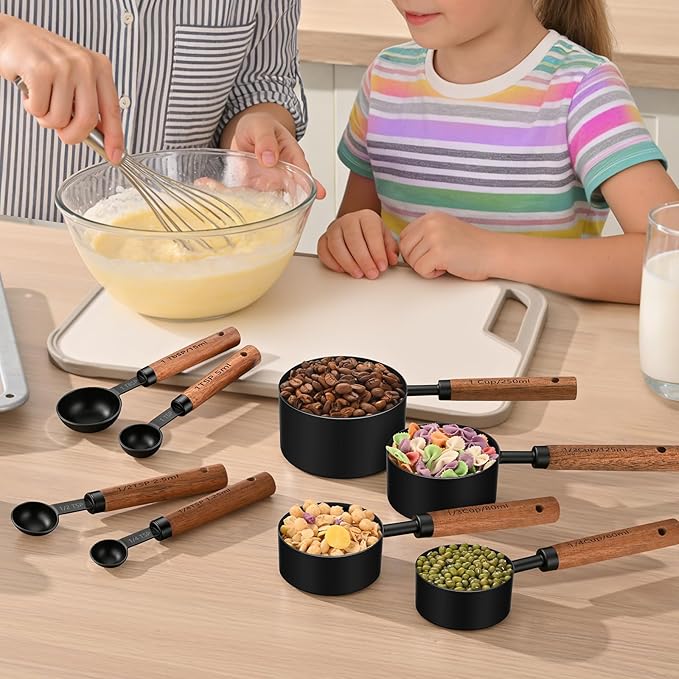 Wooden Handle Measuring Cups & Spoons Set 8-Piece – Stainless Steel, Stackable, Rustic Farmhouse Kitchen Gadgets, Non-Toxic, Dishwasher Safe, Gift for Bakers & New Homeowners