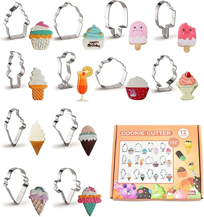 12 Pcs Ice Cream Cookie Cutters, Stainless Steel Cookie Cutters for Making Ice Cream Cone, Popsicle, Soft Serve Ice Cream, Sundae (Ice Cream)
