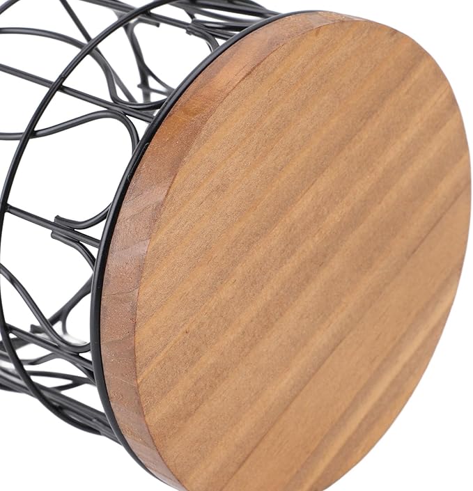 Large Capacity Modern Coffee Basket Coffee Pod Basket Decorative Round Wire Coffee Capsule Holder with Wooden Base for Cafe Kitchen Countertop (Black)
