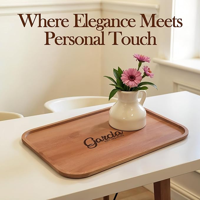 Personalized Acacia Wood Serving Tray with Engraved Name, Wooden Tray for Food, Coffee Table, Kitchen Counter Wedding Gift – Rustic Bed Tray for Eating, Parties, Display and Home Decor Use